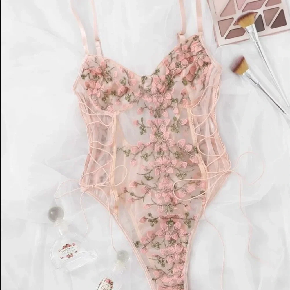Lace Mesh Floral One Piece Bodysuit Lingerie Top - Picture 11 of 16